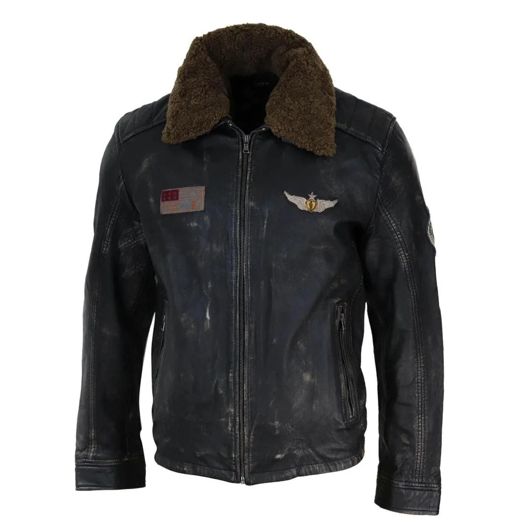 Mens Vintage Black Brown Zip Flying Aviator Jacket Fur Collar Badge Pilot Retro