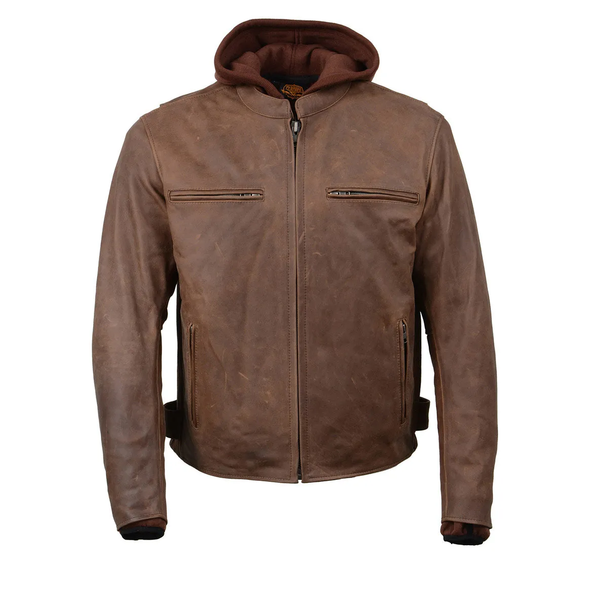 Milwaukee Leather MLM1518 Men's 'Scoundrel' Vintage Crazy Horse Brown Leather Jacket w/ Removable Hoodie