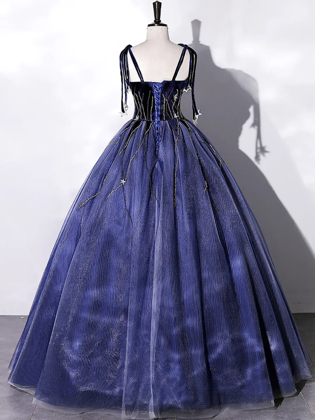 Navy Blue Tulle and Velvet Long Prom Dress, A-Line Straps Evening Party Dress