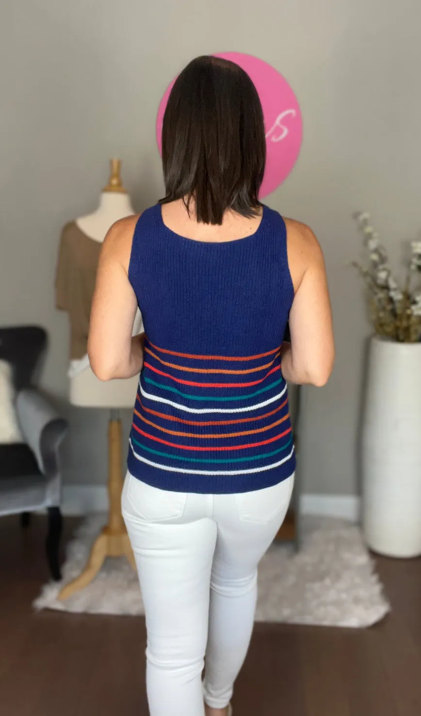 Navy Multicolor Stripes Black Knit Tank Top