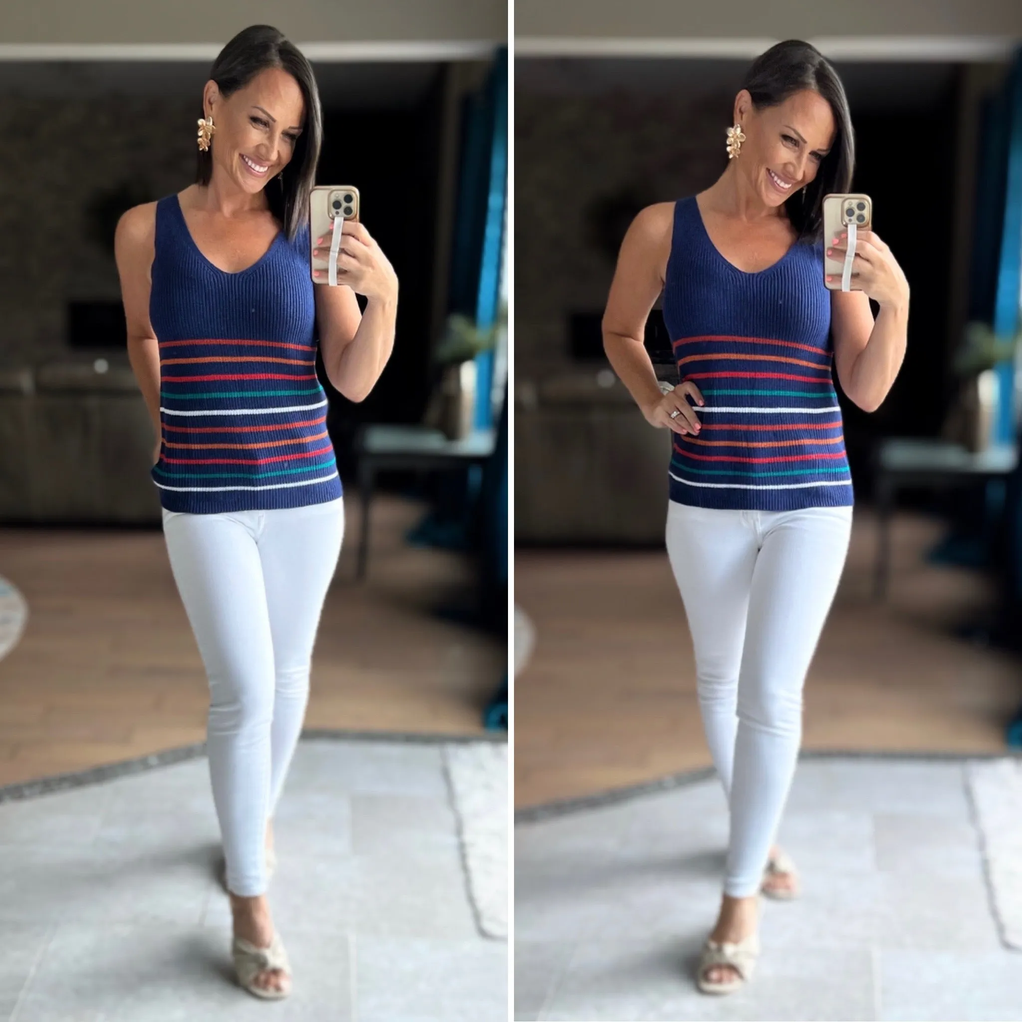 Navy Multicolor Stripes Black Knit Tank Top