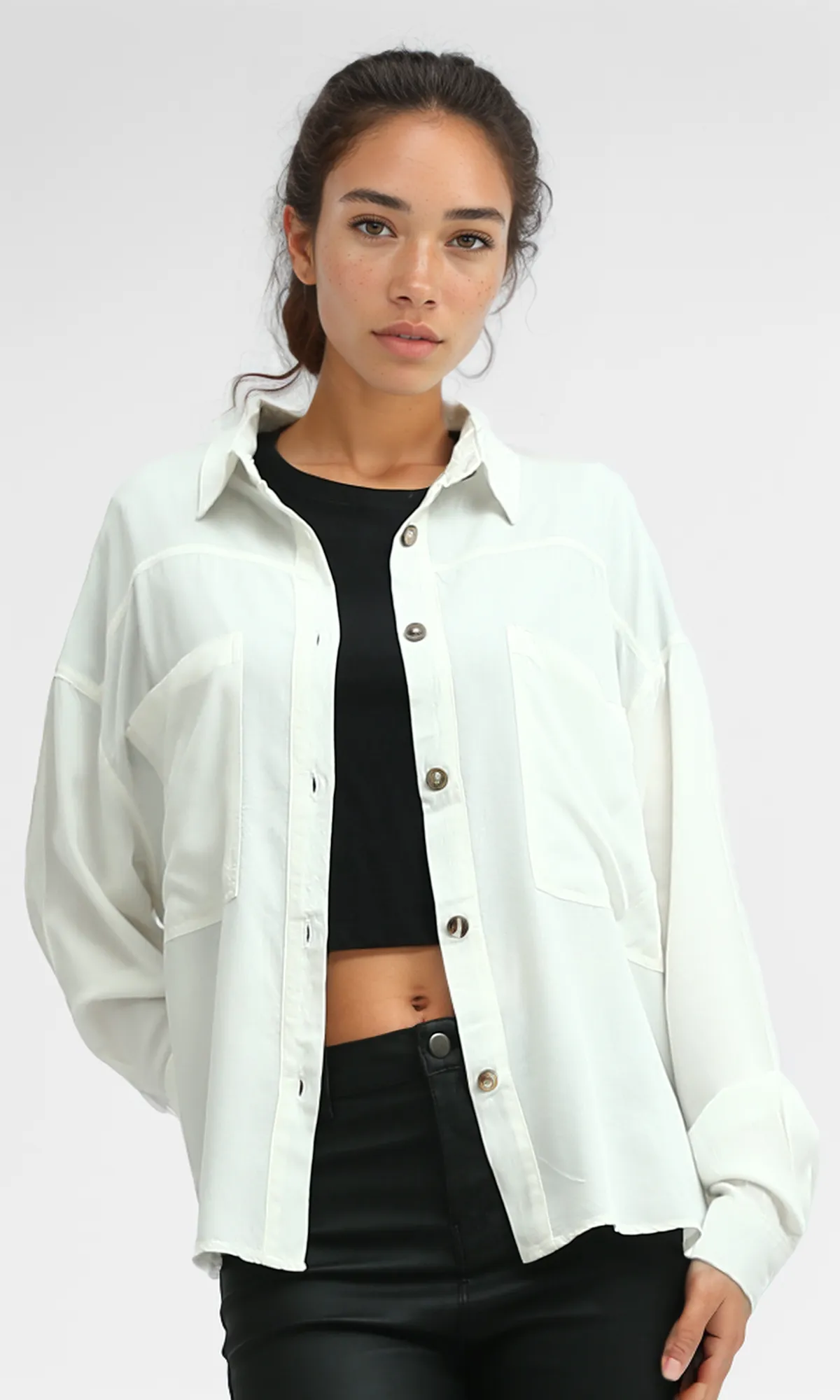 O193260 Long Sleeves Solid White Shirt With Side Pockets