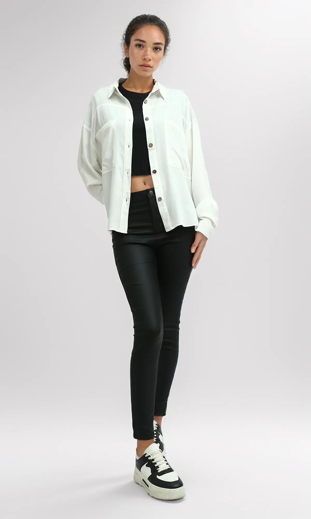 O193260 Long Sleeves Solid White Shirt With Side Pockets