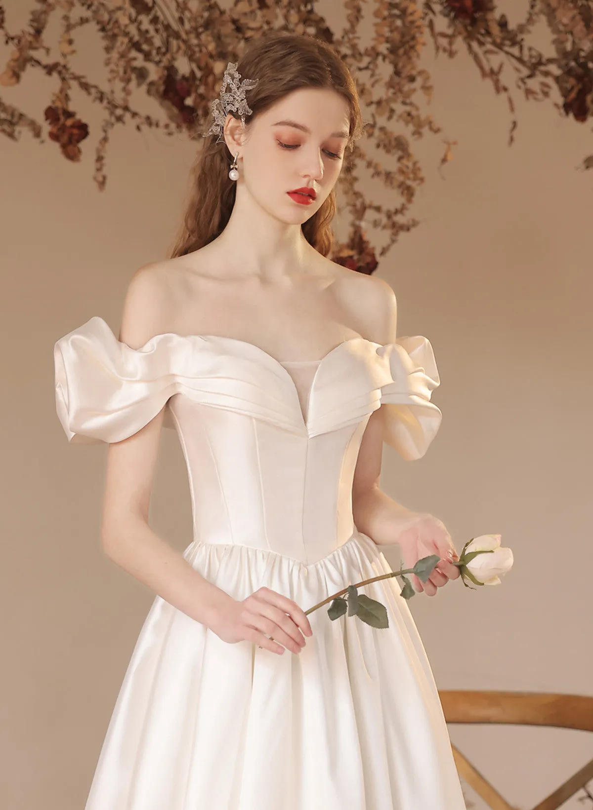 Off Shoulder Satin Sweetheart Long Formal Dress, A-line Satin White Prom Dress