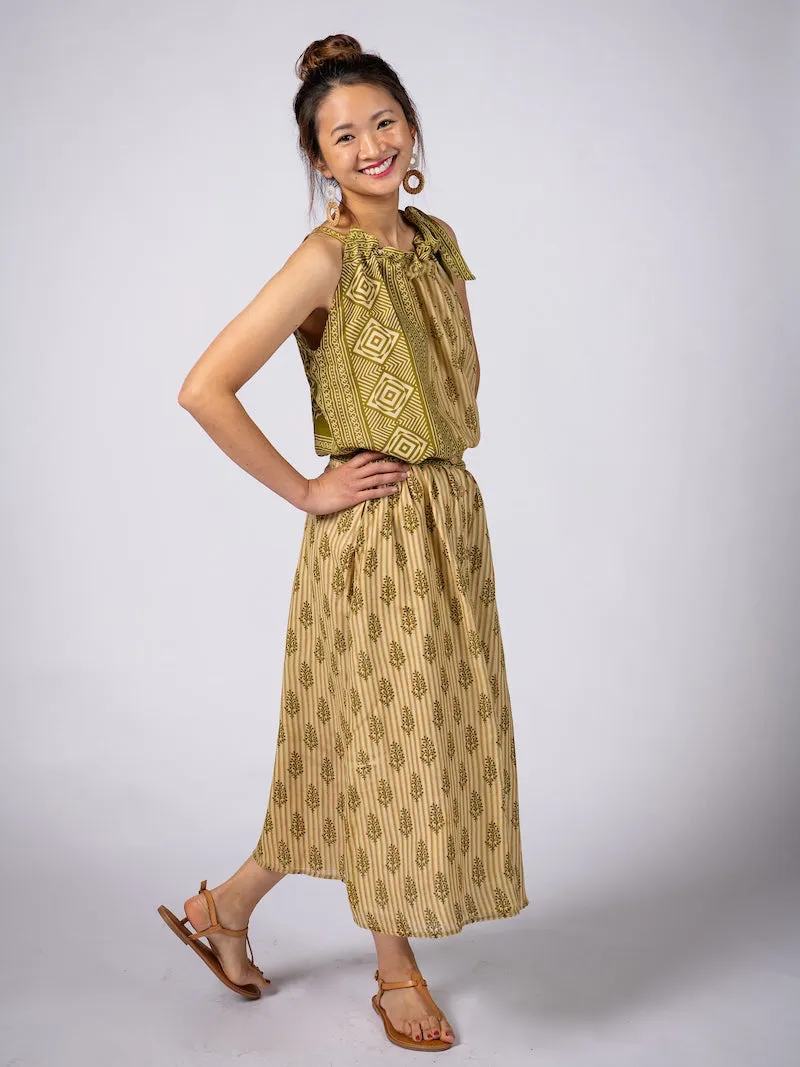 Orange & Brown Batik-inspired Button Midi Skirt - XXL