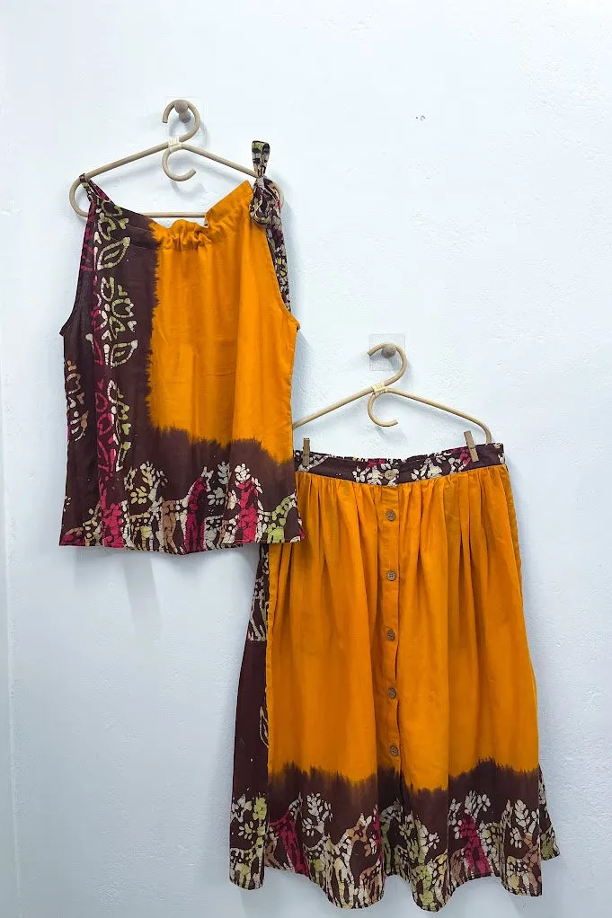 Orange & Brown Batik-inspired Button Midi Skirt - XXL