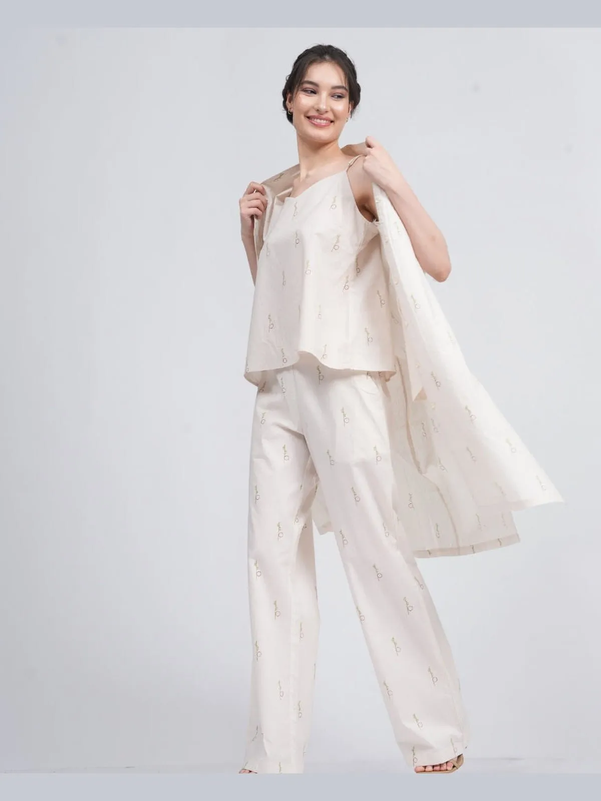 Organic Cotton Block Printed Long Shirt and Slip Top with Trousers 3-Piece Co-ord Set