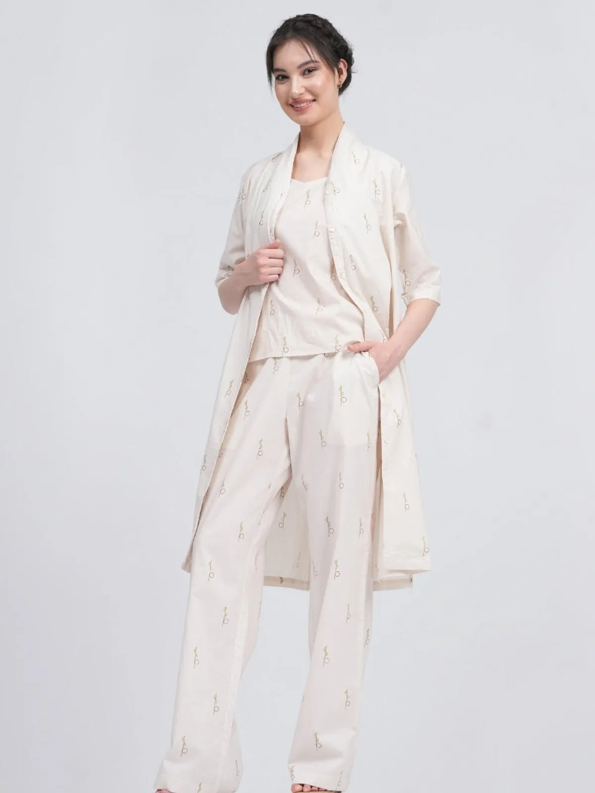 Organic Cotton Block Printed Long Shirt and Slip Top with Trousers 3-Piece Co-ord Set