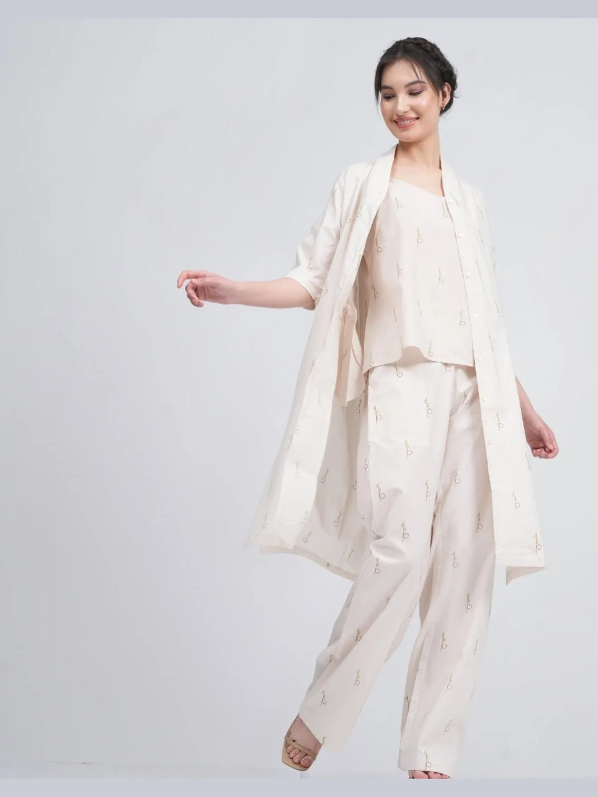 Organic Cotton Block Printed Long Shirt and Slip Top with Trousers 3-Piece Co-ord Set