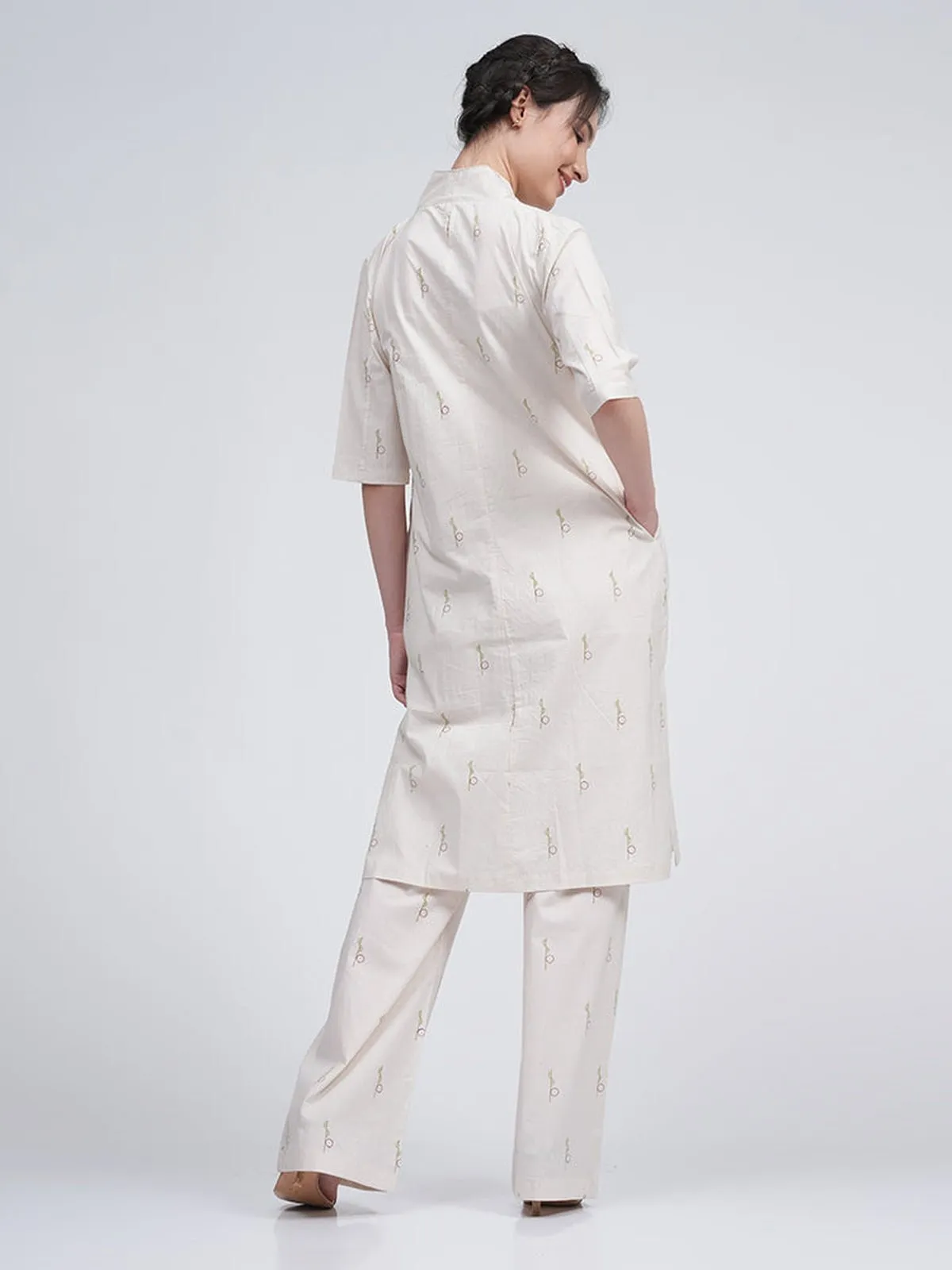 Organic Cotton Block Printed Long Shirt and Slip Top with Trousers 3-Piece Co-ord Set