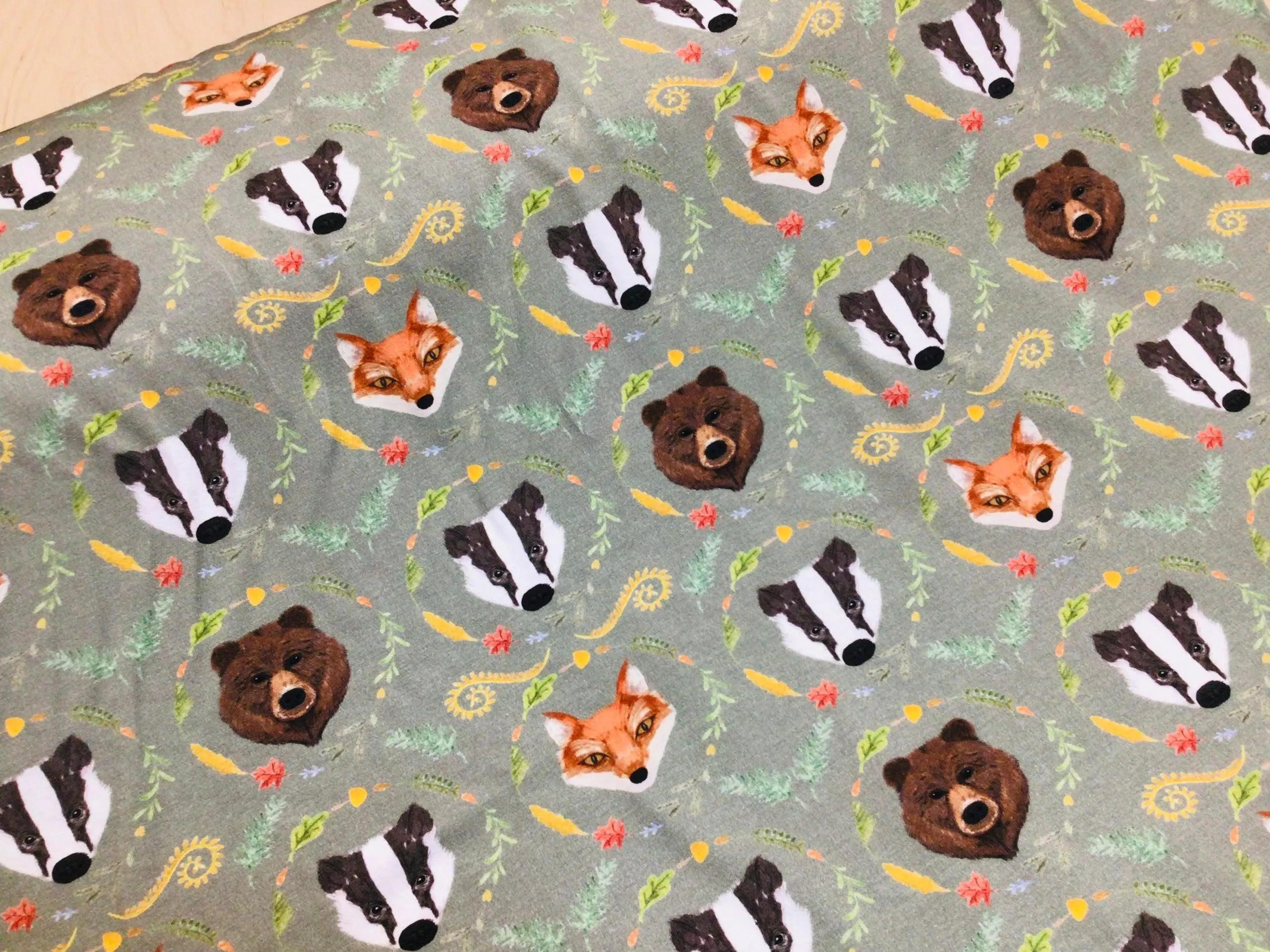 ORGANIC Woodland animals Green Cotton Jersey Fabric