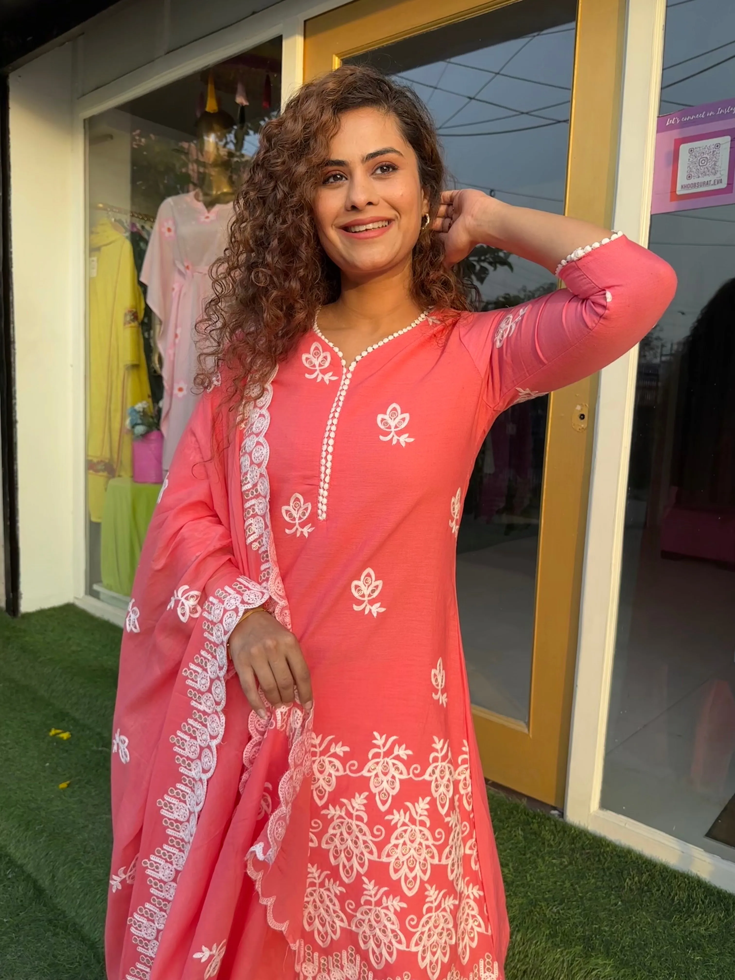 Pink and White Embroidered Cotton Kurta Suit Set