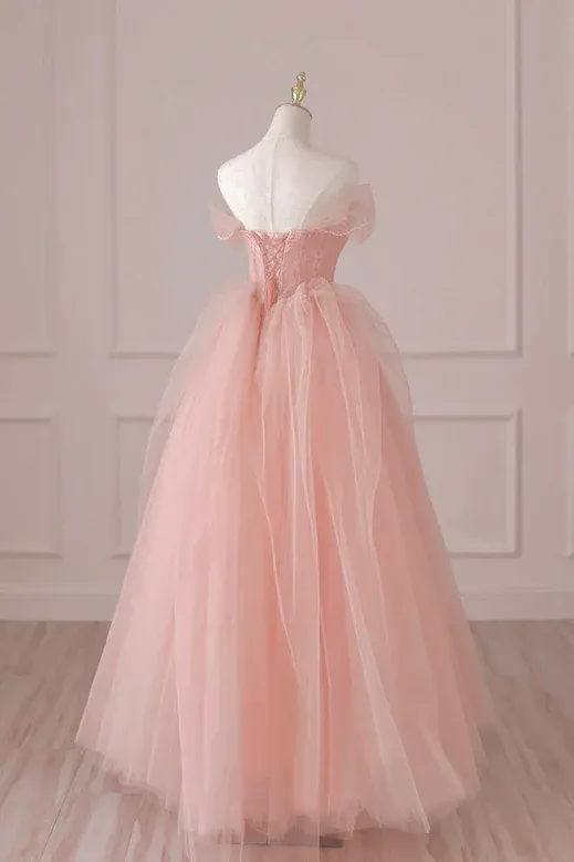 Pink Sweetheart Tulle Beaded Long Formal Dress, A-line Pink Evening Dress Prom Dress