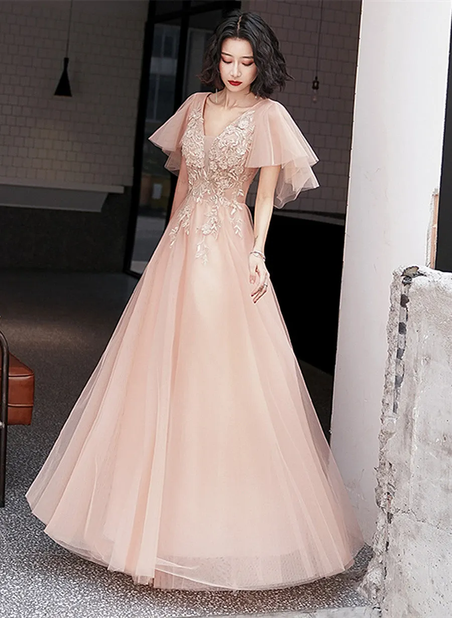 Pink V-neckline Tulle with Lace Applique Long Prom Dress, Pink A-line Party Dress