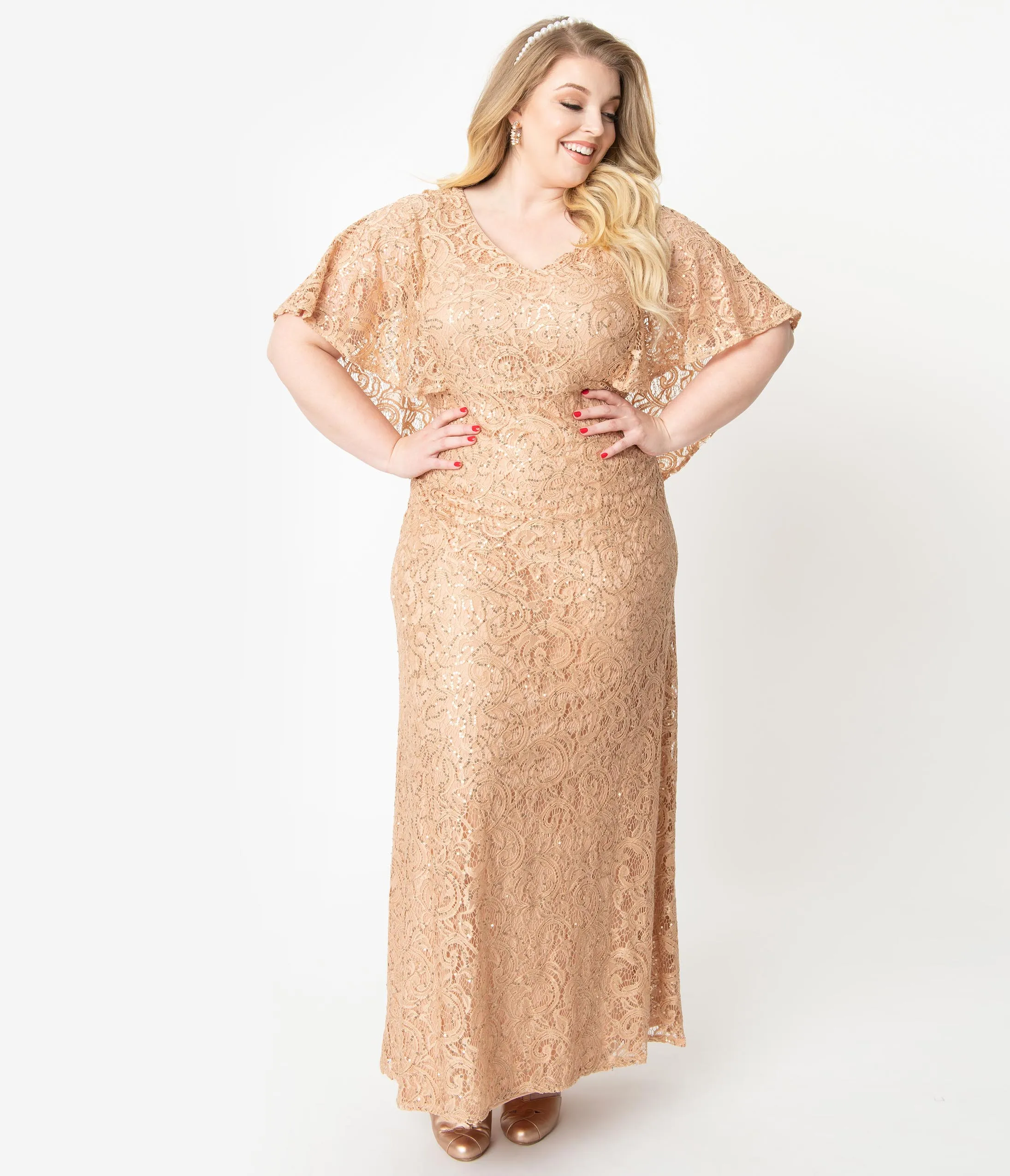 Plus Size Champagne Sequin Lace Cape Sleeve Celestial Gown