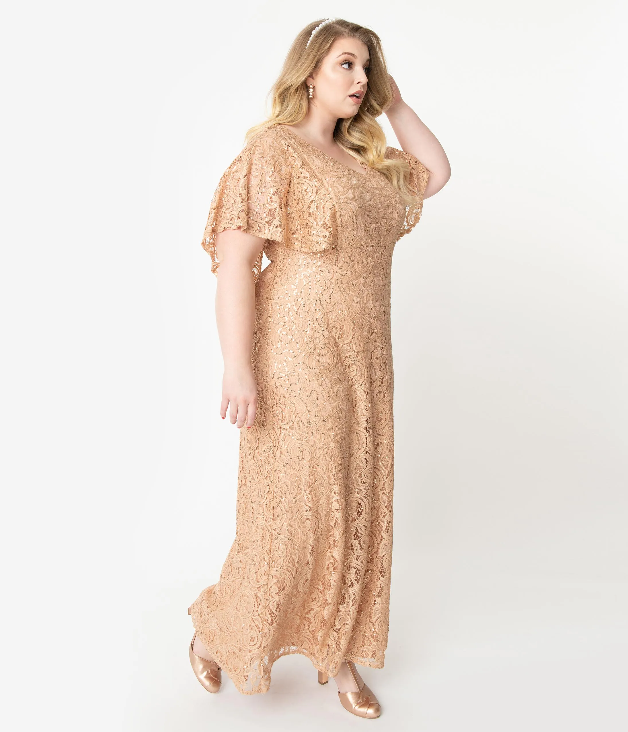 Plus Size Champagne Sequin Lace Cape Sleeve Celestial Gown