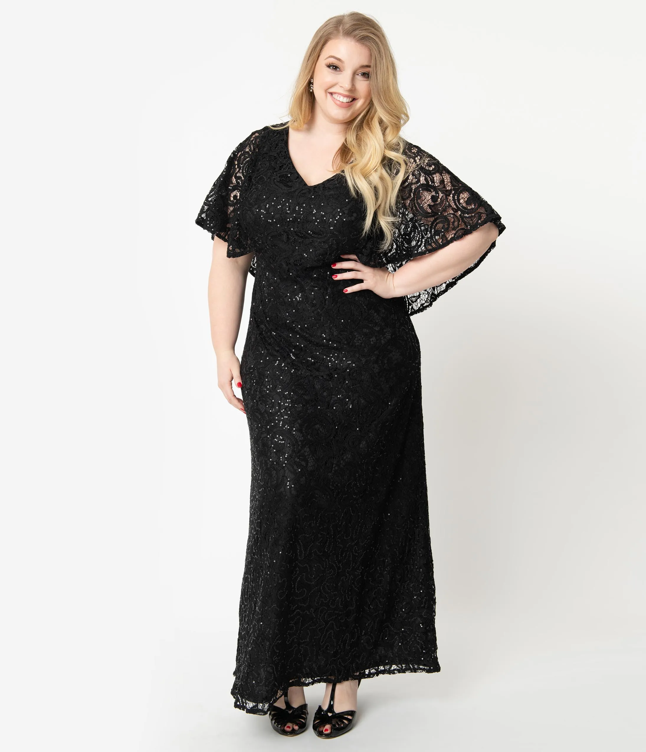 Plus Size Onyx Black Sequin Lace Cape Sleeve Celestial Gown