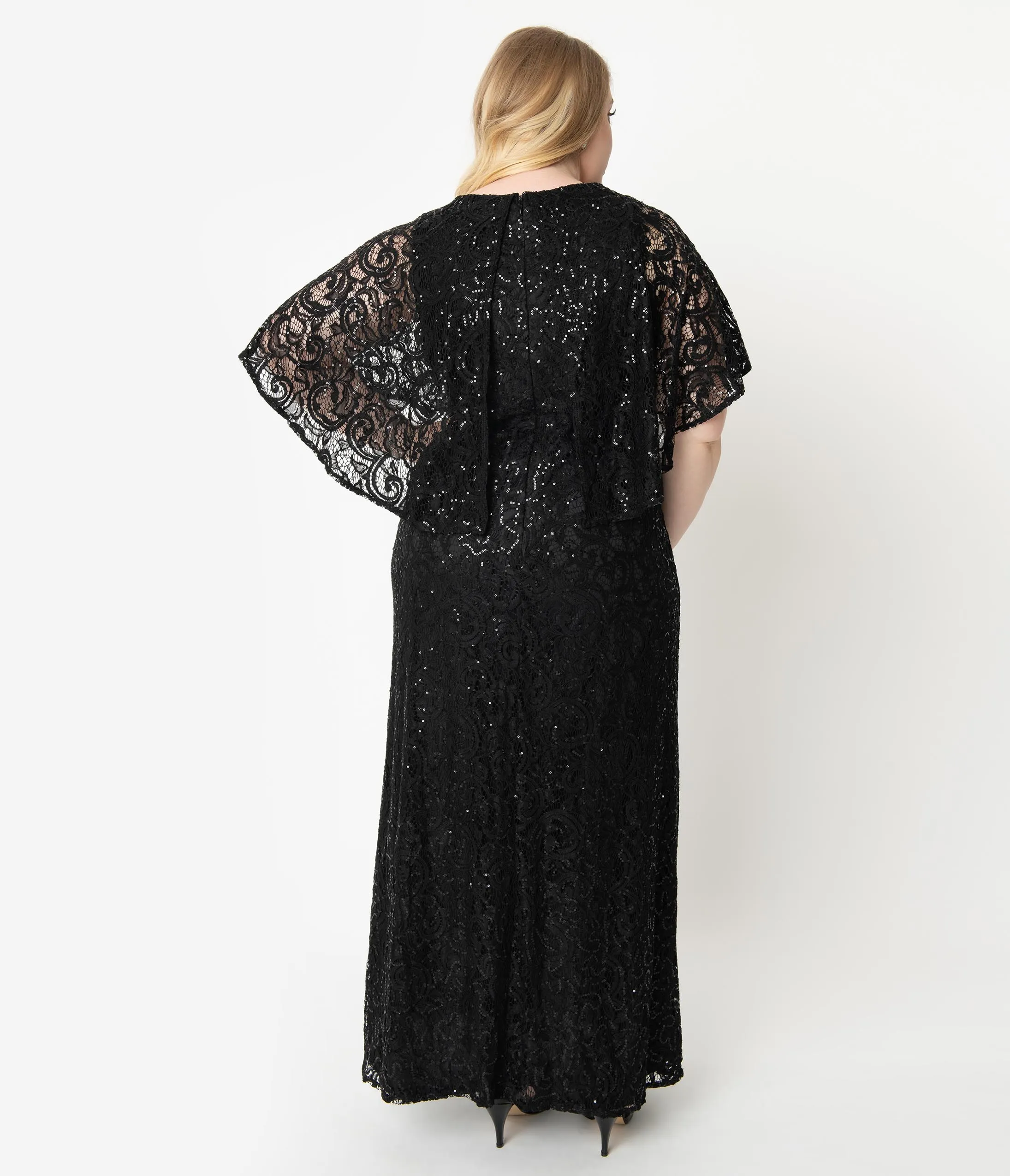 Plus Size Onyx Black Sequin Lace Cape Sleeve Celestial Gown