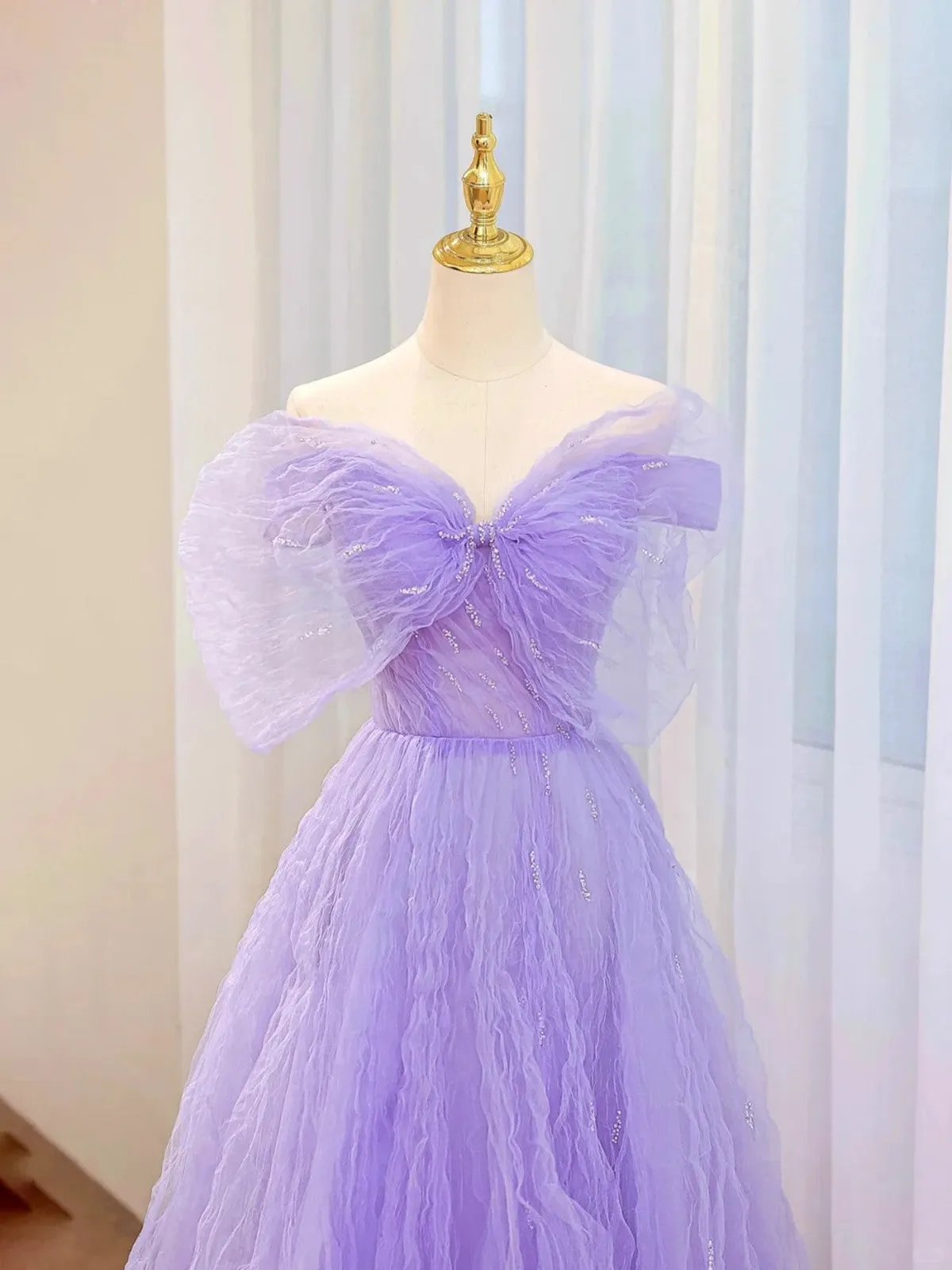 Purple A-line Sweetheart Tulle Long Formal Dress, Beaded Purple Prom Dress