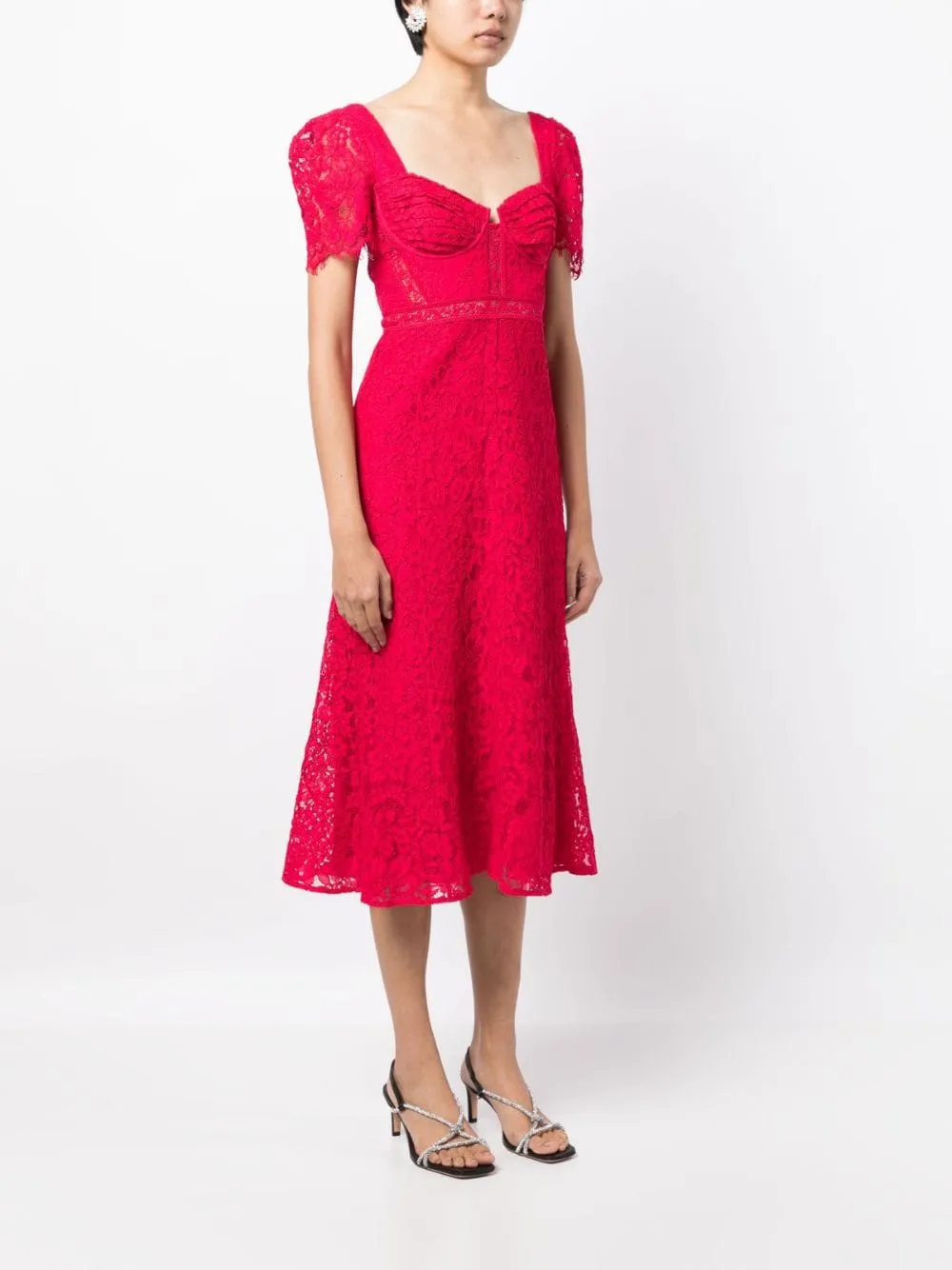 Red Crepe Lace Detail Midi Dress