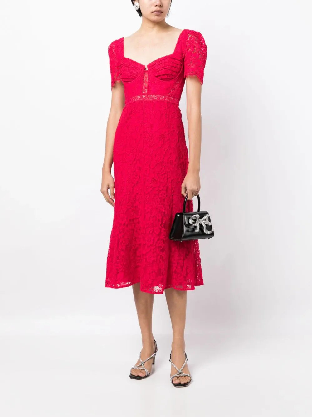 Red Crepe Lace Detail Midi Dress