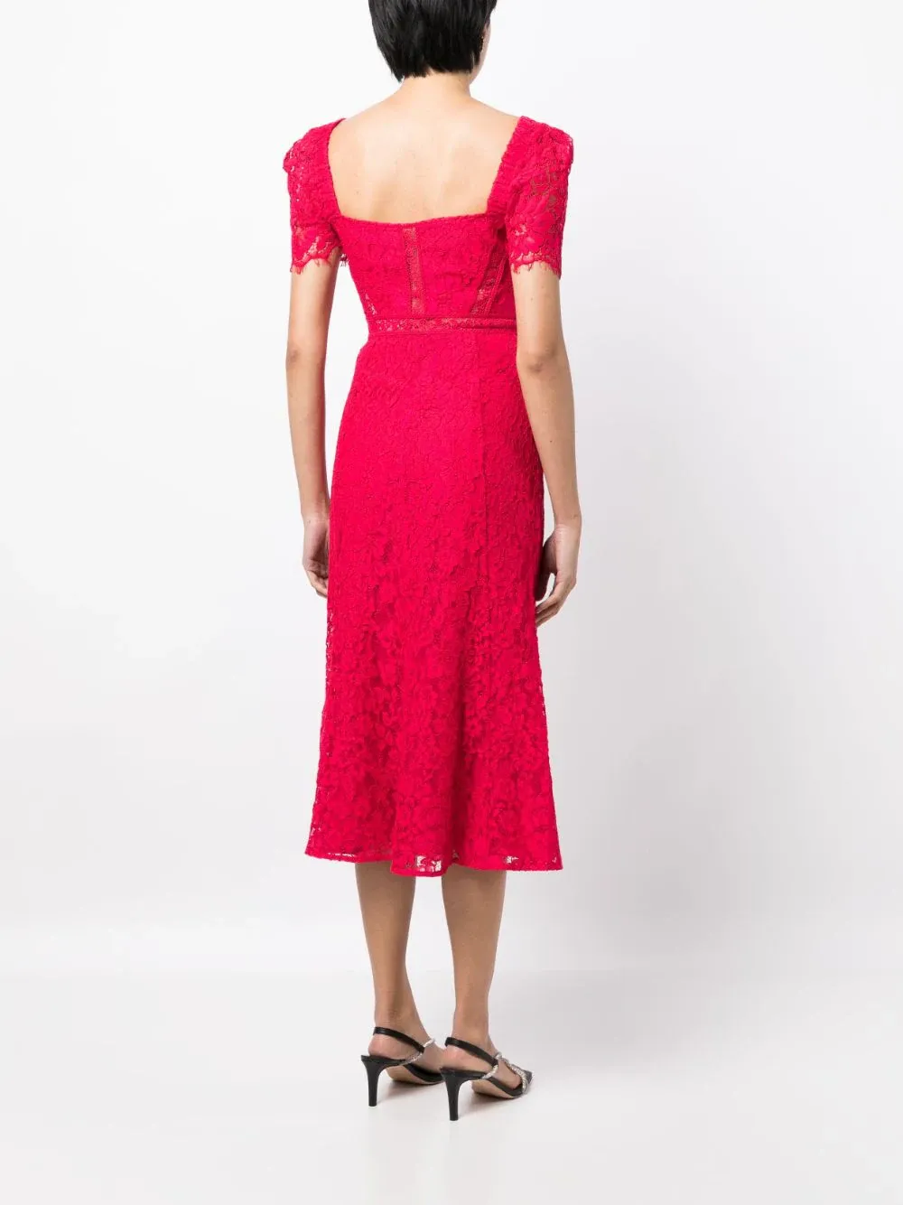 Red Crepe Lace Detail Midi Dress