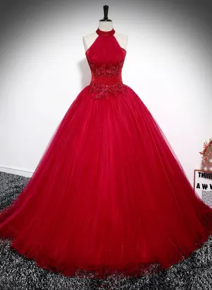 Red Tulle Halter Long Sweet 16 Party Dress with Lace,  Red Formal Dress