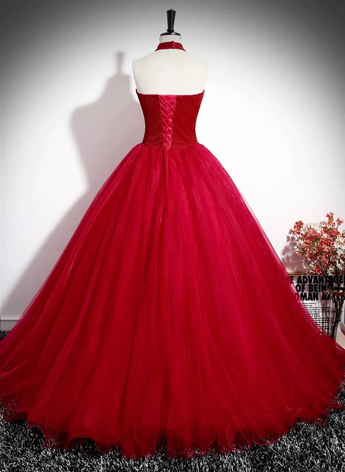 Red Tulle Halter Long Sweet 16 Party Dress with Lace,  Red Formal Dress