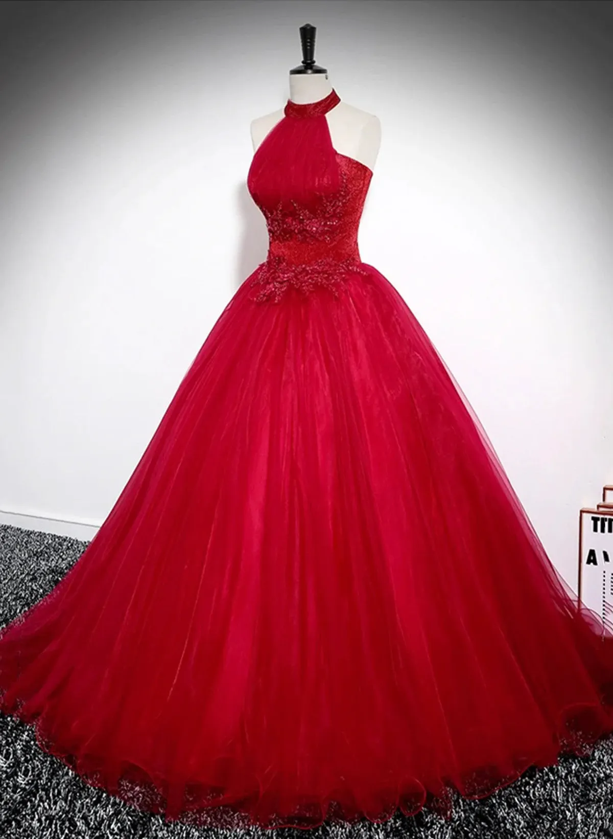 Red Tulle Halter Long Sweet 16 Party Dress with Lace,  Red Formal Dress