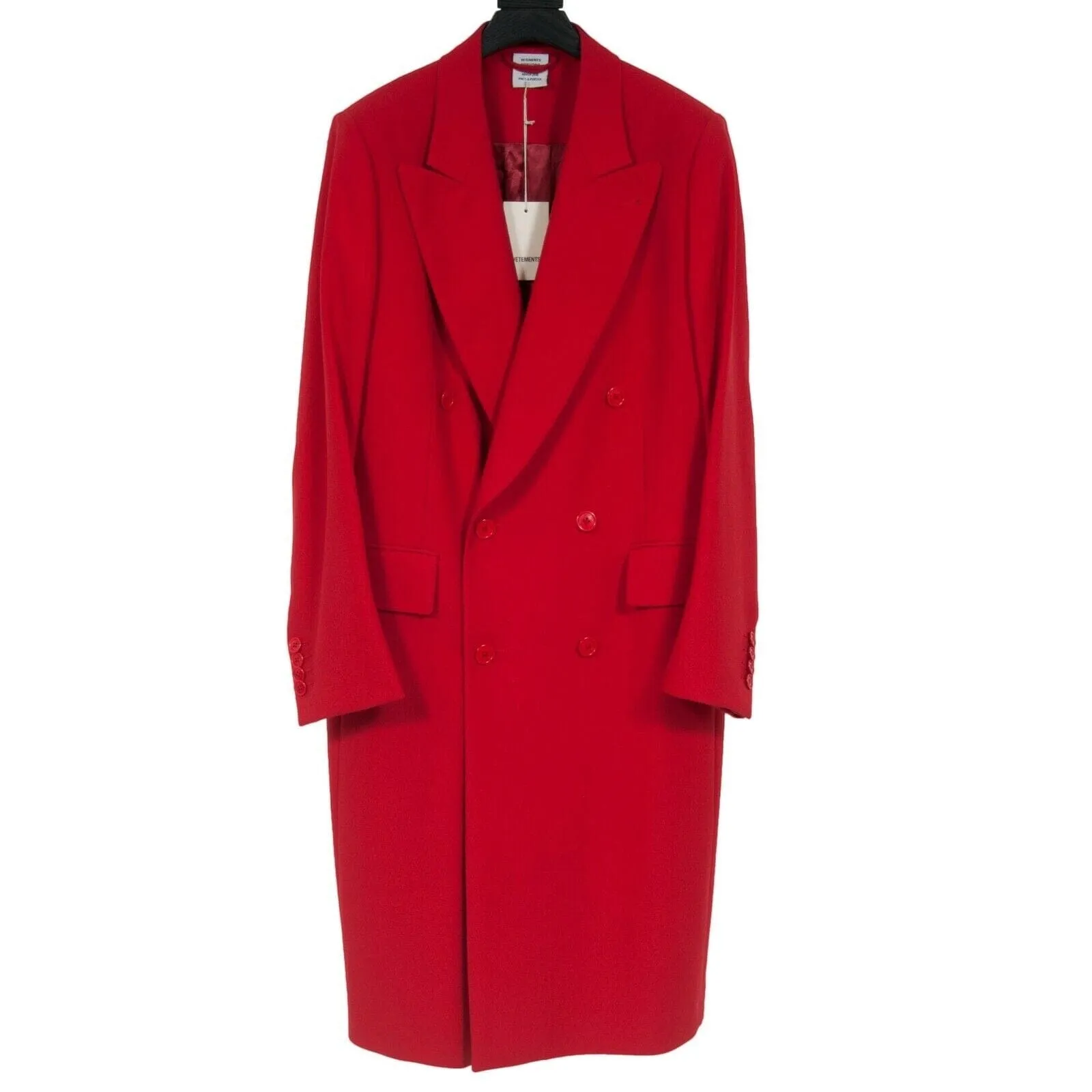 Red Wool Peak Lapel Double Breasted Long Over Coat Peacoat