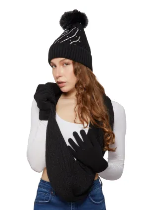 Rhinestone Detail Beanie with Infinity Scarf and Gloves