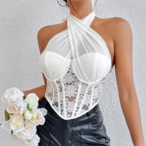 Sexy Crossed Halter Neck Lace Floral Mesh Cropped Corset Top - White