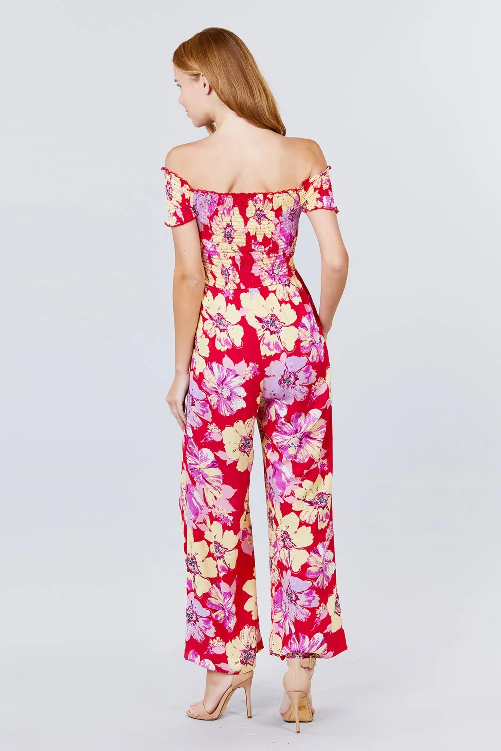 Short Sleeve Off The Shoulder Smocked Detail With Floral Print Long Wide Leg Jumpsuit.