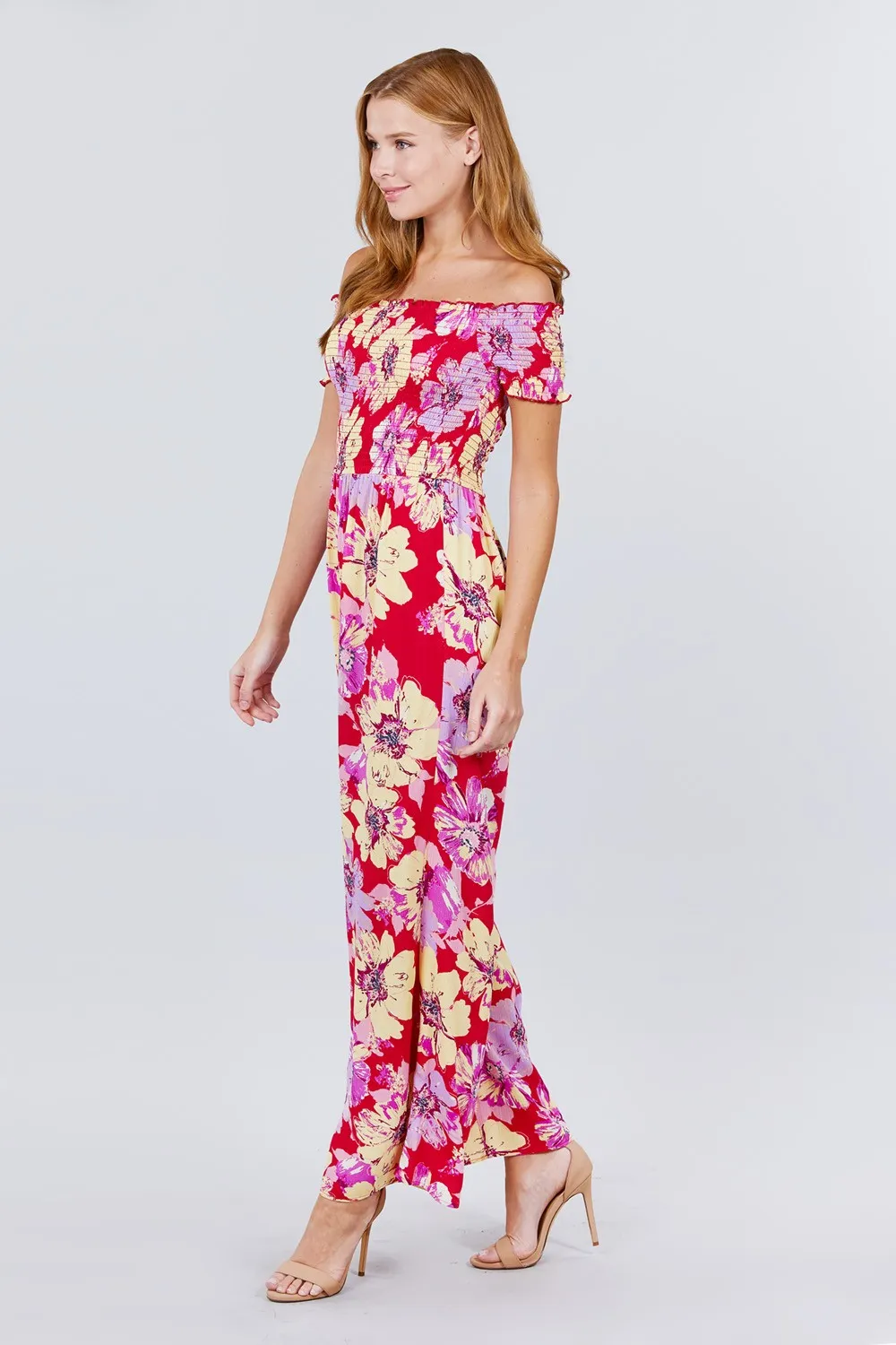 Short Sleeve Off The Shoulder Smocked Detail With Floral Print Long Wide Leg Jumpsuit.