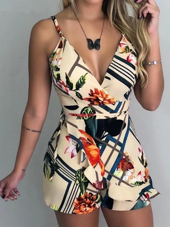 Slim Printed Suspender Shorts Jumpsuit