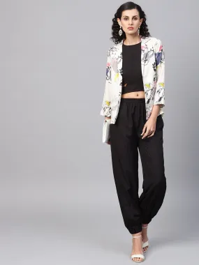 Solid Black Tops And Palazzo With Cream Floral Printed Jacket