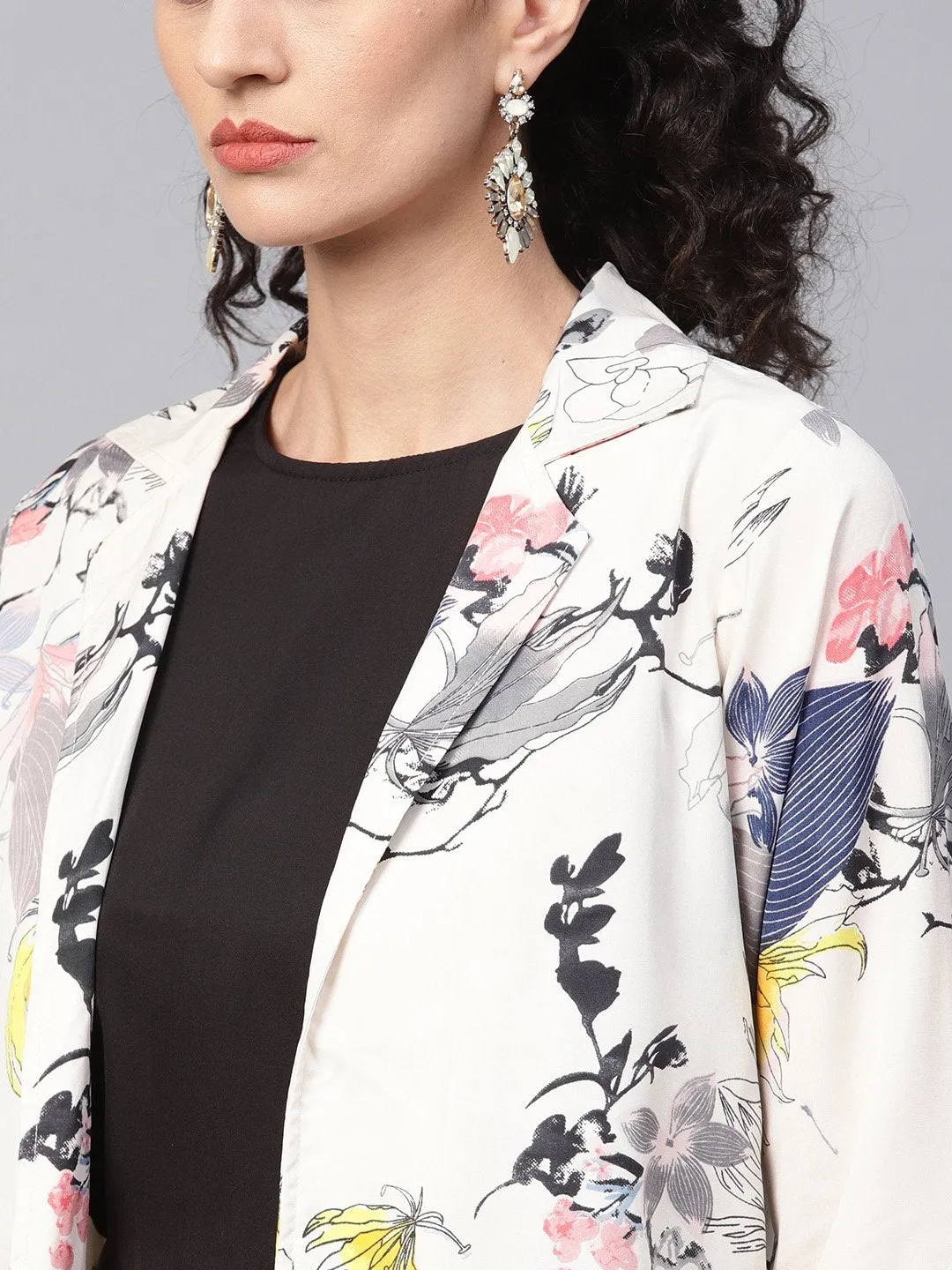 Solid Black Tops And Palazzo With Cream Floral Printed Jacket