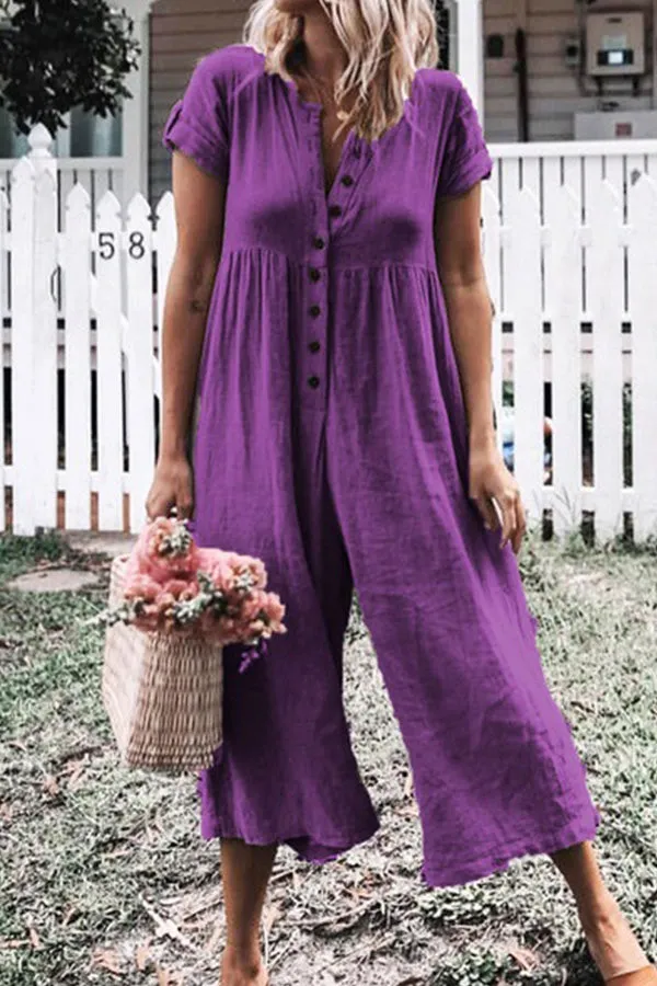 Solid Wide-leg Button Up Jumpsuit