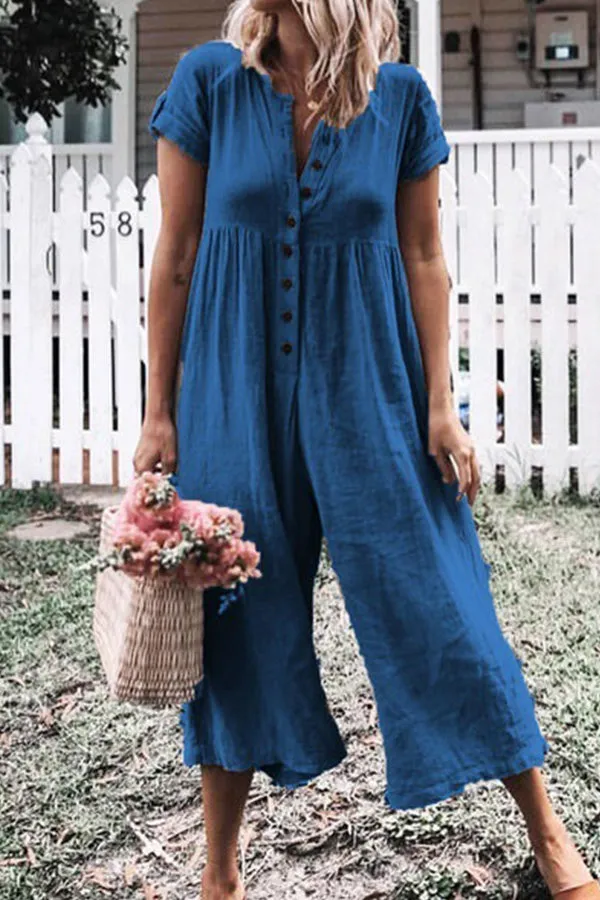 Solid Wide-leg Button Up Jumpsuit