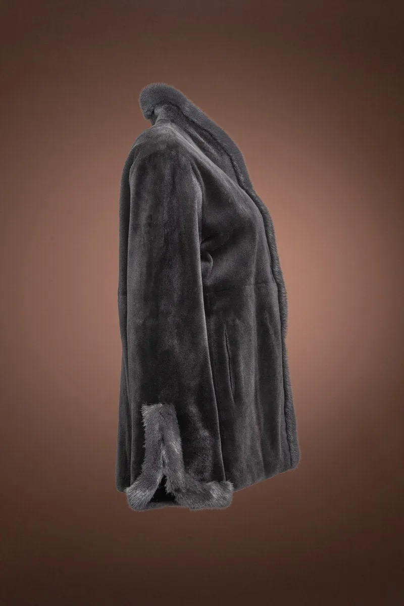 Split Cuff Charcoal Sheared & Long Haired Mink Fur Jacket