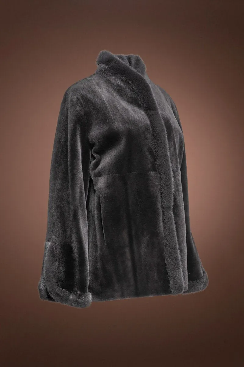 Split Cuff Charcoal Sheared & Long Haired Mink Fur Jacket