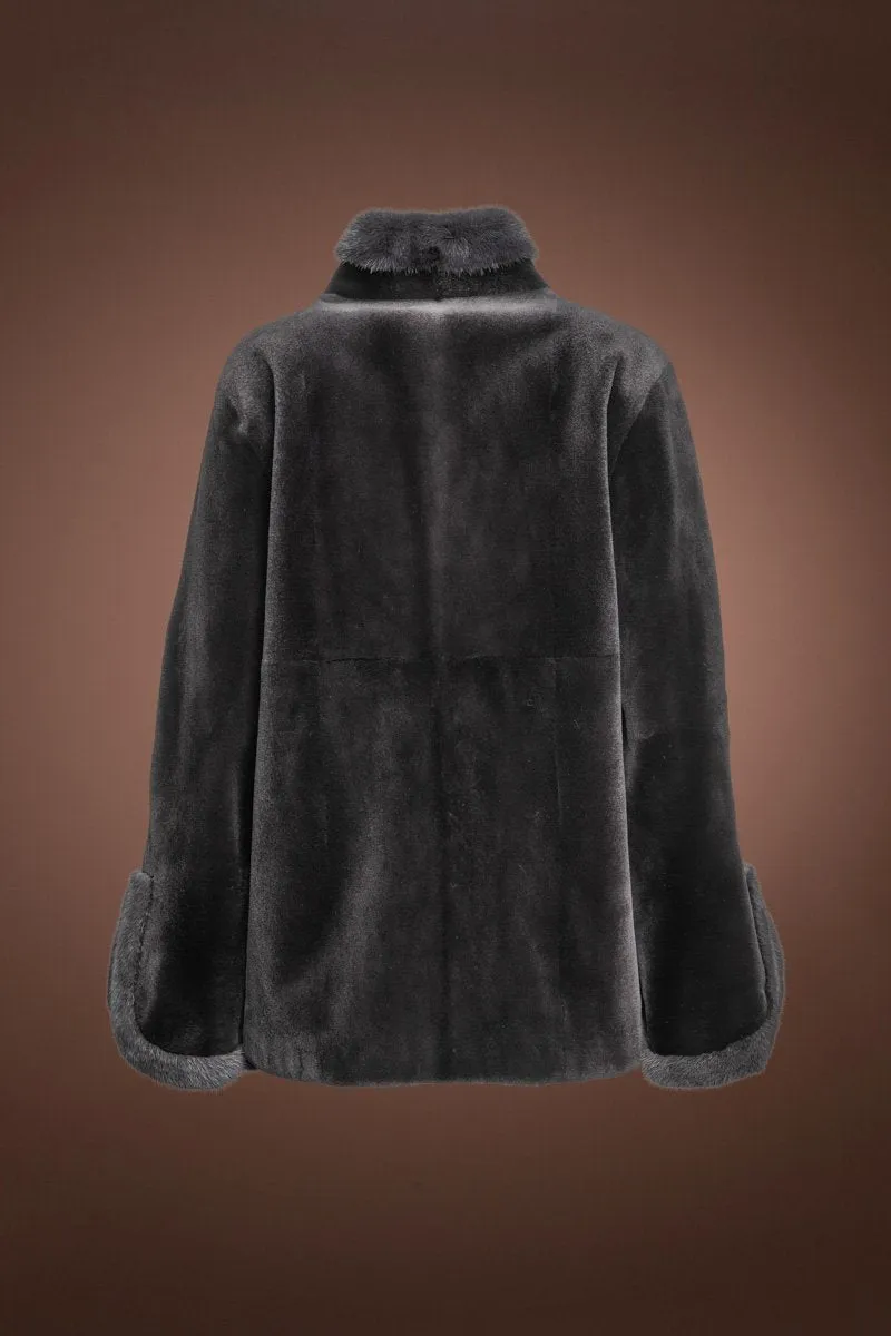 Split Cuff Charcoal Sheared & Long Haired Mink Fur Jacket