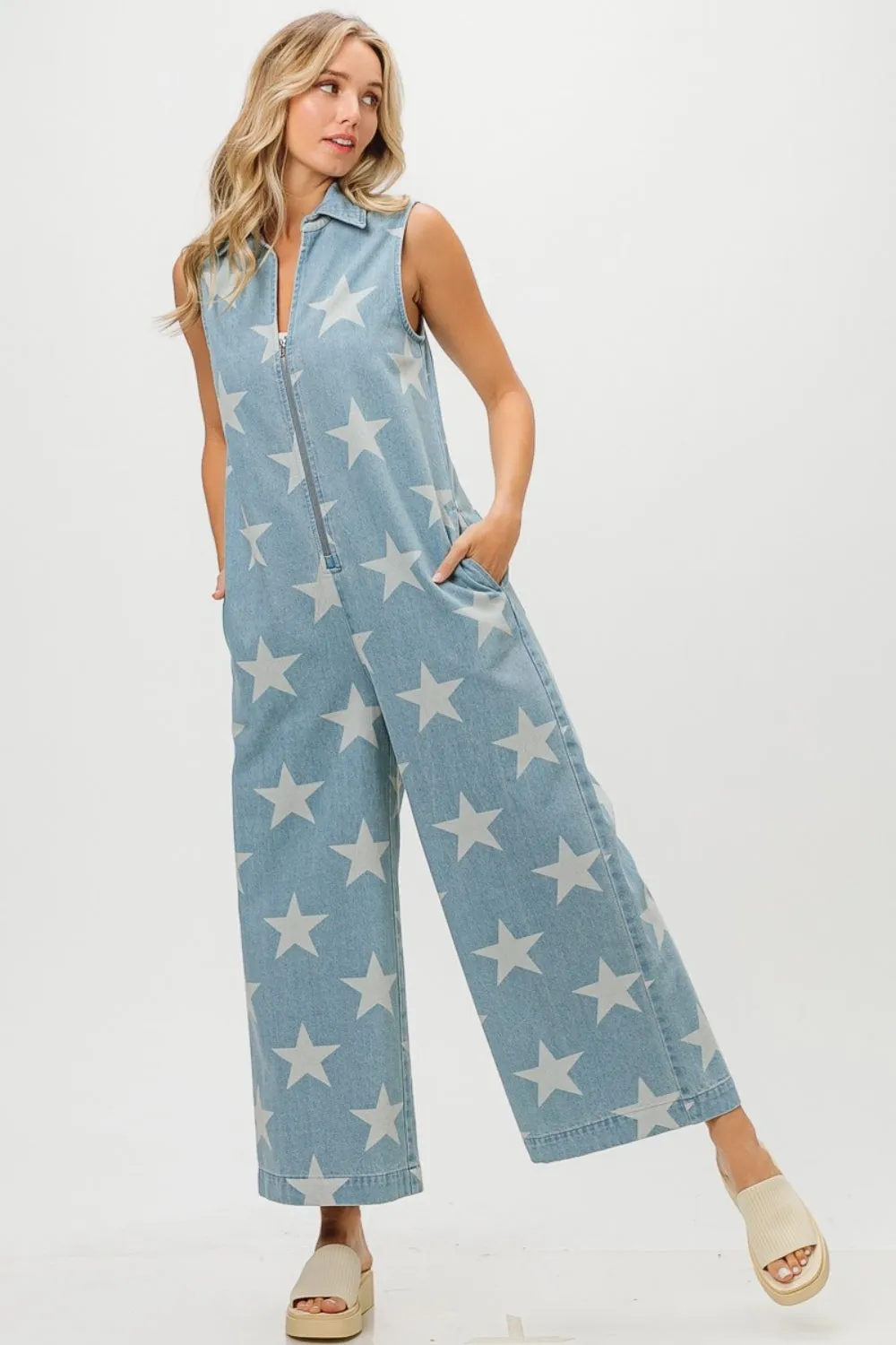 Star Print Half Zip Sleeveless Denim Jumpsuit