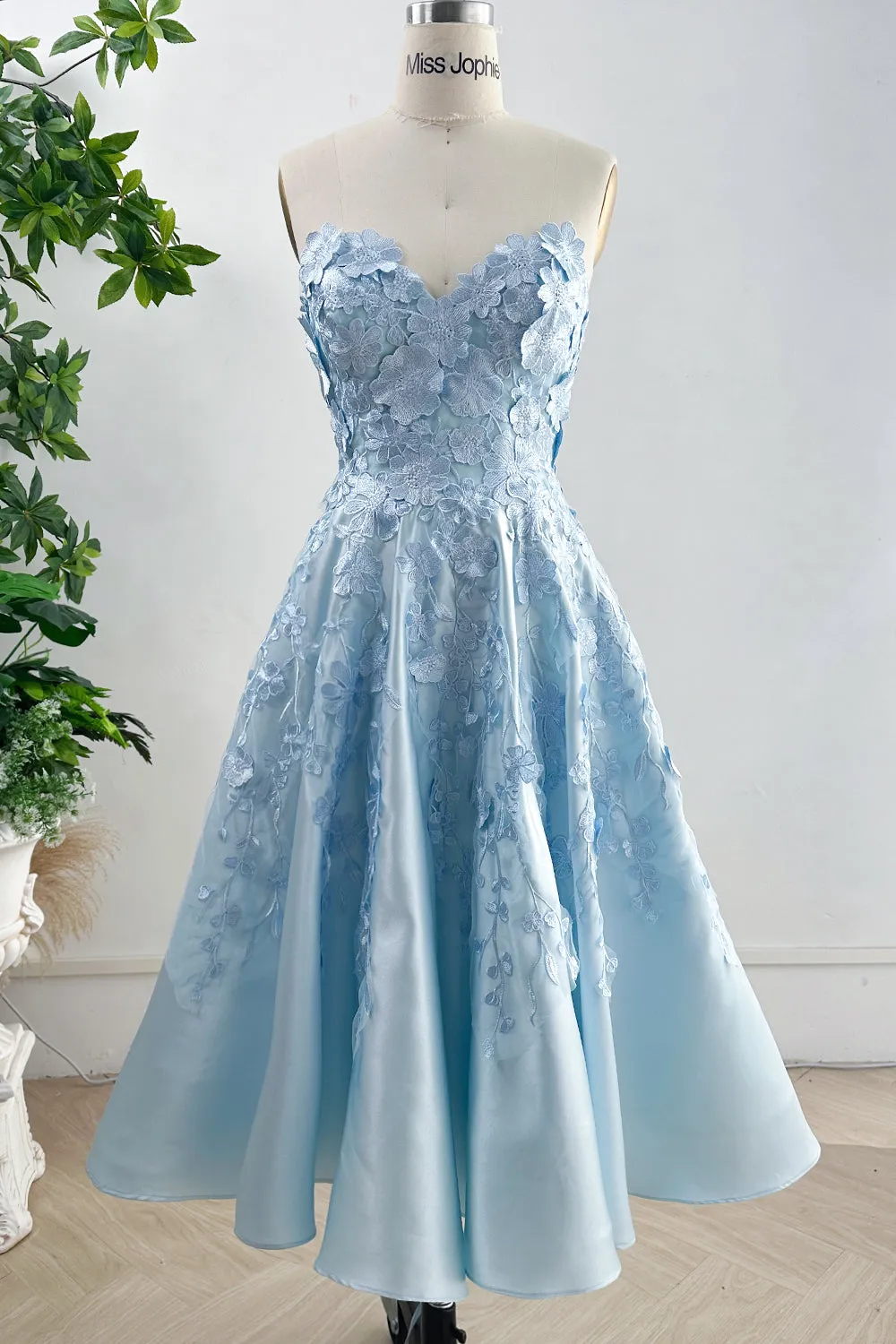 Strapless Floral Applique Sky Blue Satin Midi Dress