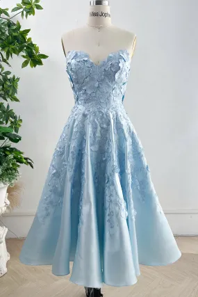 Strapless Floral Applique Sky Blue Satin Midi Dress