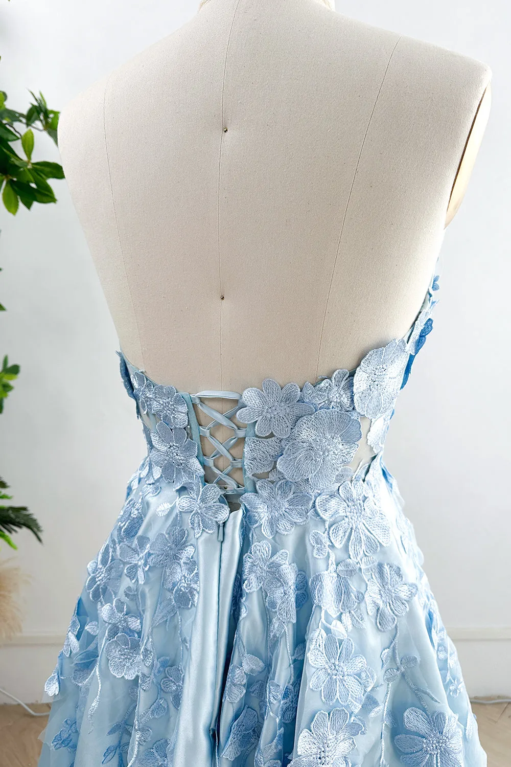 Strapless Floral Applique Sky Blue Satin Midi Dress