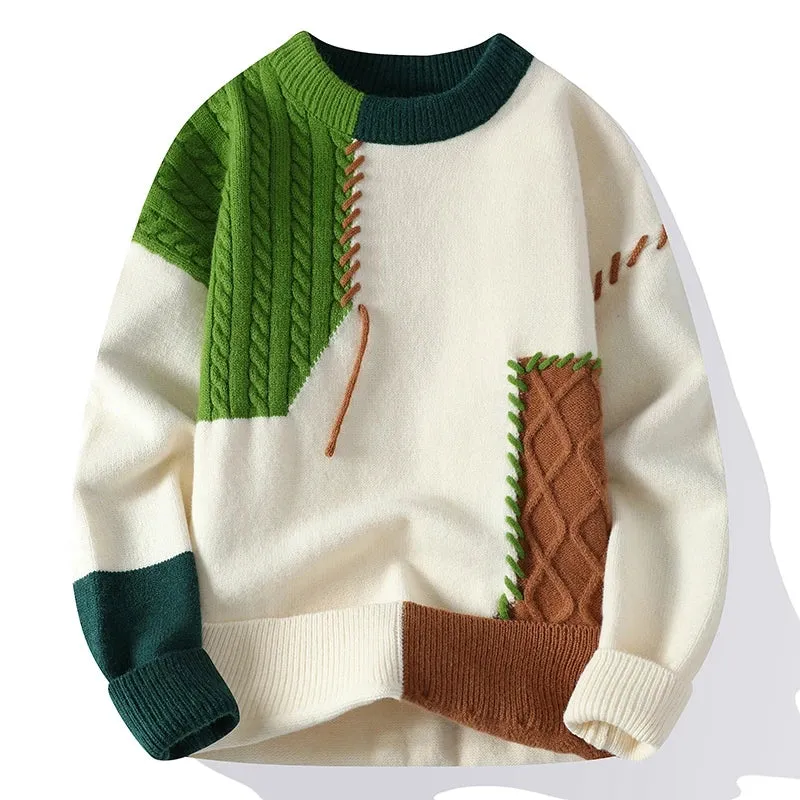 Stylish Knit Sweater with Color-Block Details for Men