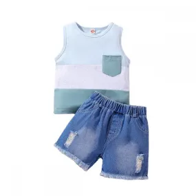 Summer Boys' Sleeveless Tank Top Denim Shorts Set Wholesale Kids Clothing