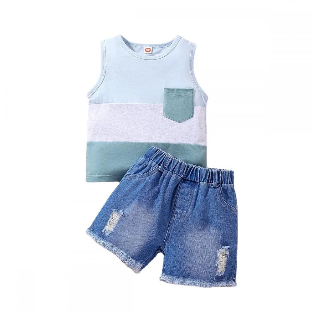 Summer Boys' Sleeveless Tank Top Denim Shorts Set Wholesale Kids Clothing