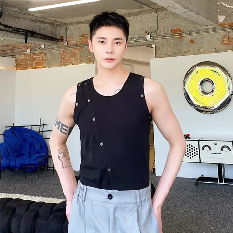 Summer Tight Fitting Vest Round Neck Sleeveless Men's Tank Top Personalized Button Shoulderless Fashion Solid Color 9C5330